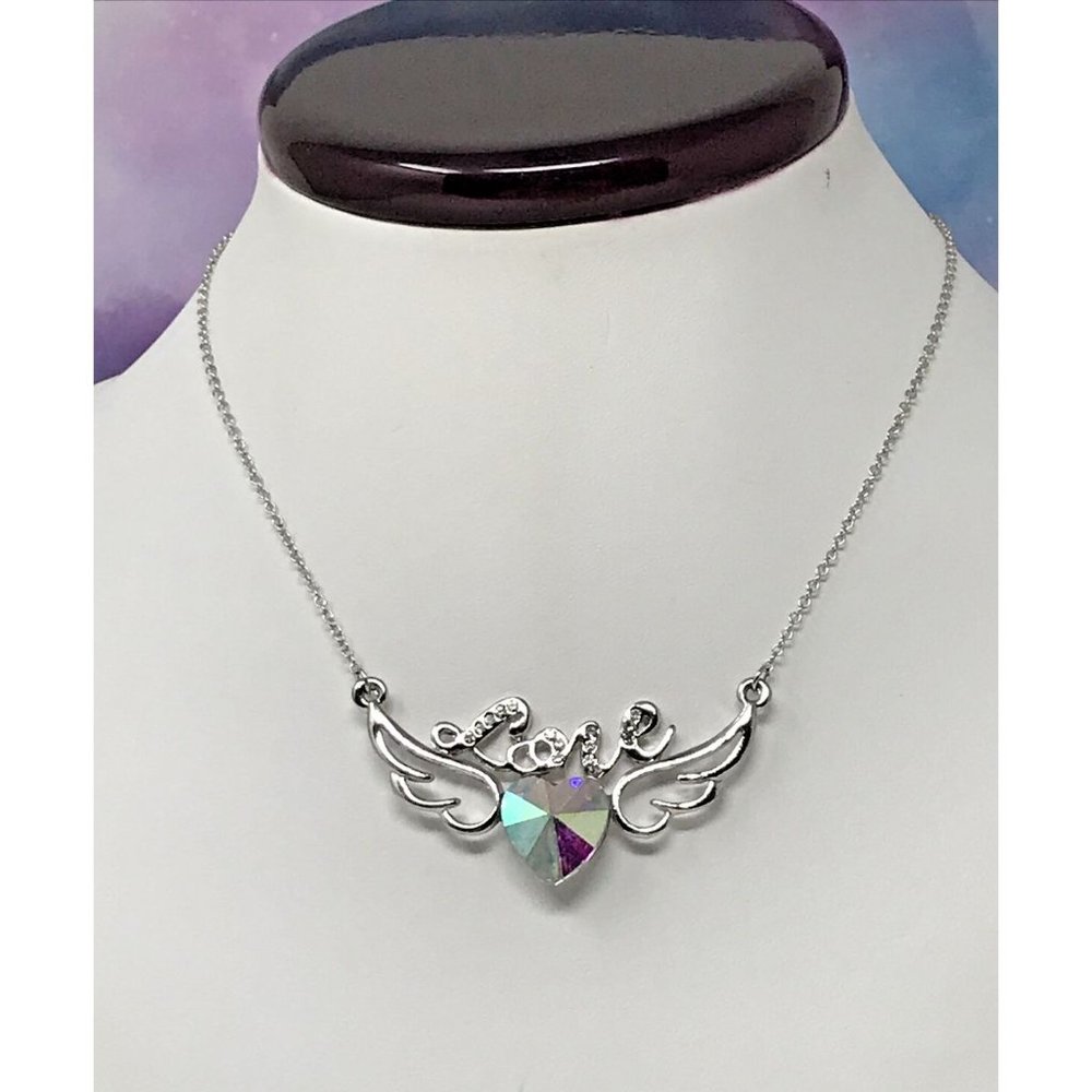 Angel Wing Heart LOVE Pendant Necklace Clear Crystal 18" Valentines Day